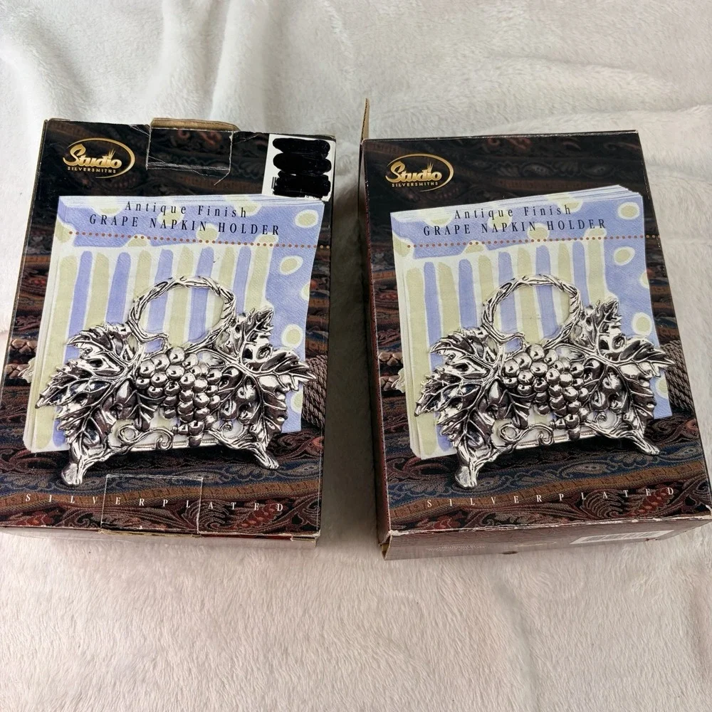 Vtg 90s Studio Silversmiths Antique Finish Grape Napkin Holder Original Box Pair